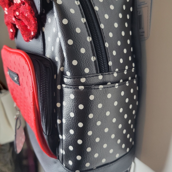 Disney Minnie Mouse Black & Red Polka Dot Bow Tie Small Backpack Purse NWT - Picture 6 of 12